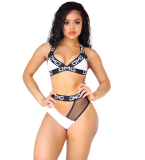 Letter Print Mesh Two Piece Swimsuit LSL-6130
