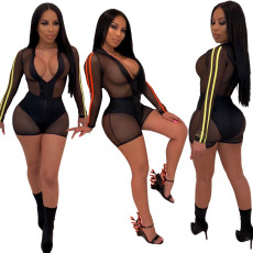 Stripe Splice Mesh See Through Skinny Playsuit LA-3087