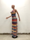 Colorful Striped Mesh High Split Beach Maxi Dress TR-943