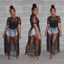 Sexy Mesh See Through Short Sleeve Long Dress OSM-4064