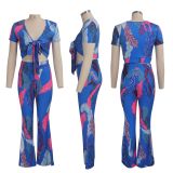 Sexy Printed Tie Up Crop Top Flares Pants 2 Piece Suits SMR-9299
