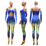 Sexy Pritned Strapless Wrap Chest Jumpsuits With Sleeve NIK-035