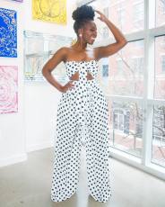 Polka Dot Print Strapless Bowknot Wide Leg Pants Set WSM-5093