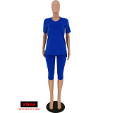 Blue V Neck High Low Tops And Shorts Two Piece Sets YH-5078