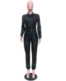 PU Leather Turndown Collar Pocket Jumpsuit ORY-5072