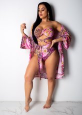 Floral Print 3pcs Swimsuit Bikini Set+Cover Up HM-6085