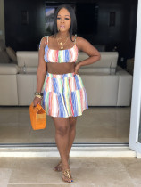 Colored Stripe Straps Two Pieces Mini Skirt Sets AWN-5028
