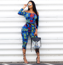 Letter Print Off Shoulder Skinny Jumpsuit QY-5059