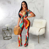 Sexy Printed Tie Up Crop Top Flares Pants 2 Piece Suits SMR-9299