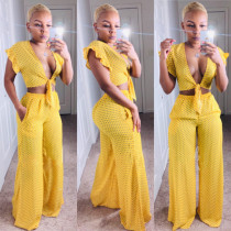 Polka Dot Print Ruffles Tie Up Wide Leg Pants 2 Piece Sets BS-1076