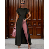 Solid High Split Short Sleeve Maxi Dresses ASL-6121
