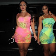 Mesh Hollow Out Spaghetti Strap Sexy Club Dress ASL-6099