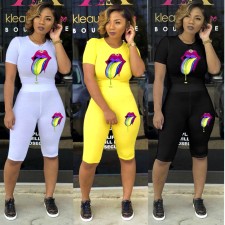 Lips Print Short Sleeve Casual Two Piece Sets LM-8056