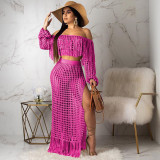 Grid Tassel Off Shoulder Split Long Skirt Sets TR-938