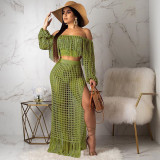 Grid Tassel Off Shoulder Split Long Skirt Sets TR-938