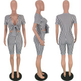 Sexy Stripes Bow Tie V Neck Short Sleeve Skinny Playsuit TK-6003
