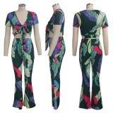 Sexy Printed Tie Up Crop Top Flares Pants 2 Piece Suits SMR-9299