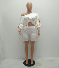 White Side Striped Bow Tie Two Piece Shorts Set MAE-199