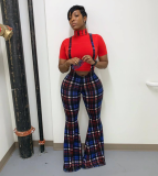 Plaid Print Straps Long Flare Pant OD-8228