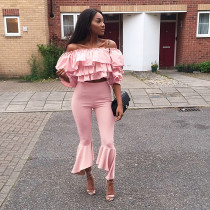 Off Shoulder Cascading Blouse Flare Ankle Leghth Pants Suit NIK-005