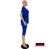 Blue V Neck High Low Tops And Shorts Two Piece Sets YH-5078