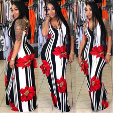 Floral Printing Sleeveless Long Dress TR-782