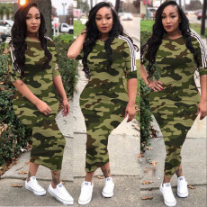 Camouflage Print Half Sleeve O Neck Slim Long Dress ASL-6168