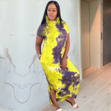 Tie Dye Print Split Side Short Sleeve O Neck Maxi Dresses TE-3810