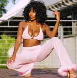 Chiffon Sexy 4 Pieces Set Crop Tops+Pants+Bra+Panty BN-9152