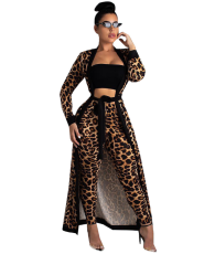 Leopard Print 2pcs Long Cardigan+Pants Set TE-3542