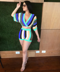 Blue Colorful Stripes Deep V Shorts Suits OY-5225