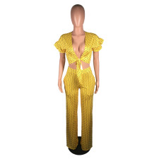 Polka Dot Print Ruffles Tie Up Wide Leg Pants 2 Piece Sets BS-1076