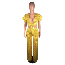 Polka Dot Print Ruffles Tie Up Wide Leg Pants 2 Piece Sets BS-1076
