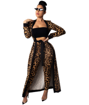 Leopard Print 2pcs Long Cardigan+Pants Set TE-3542