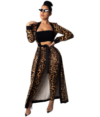 Leopard Print 2pcs Long Cardigan+Pants Set TE-3542