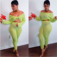 Sexy Fishnet Hollow Off Shoulder 2 Piece Pants Set MDF-5083