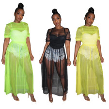 Sexy Mesh See Through Short Sleeve Long Dress OSM-4064