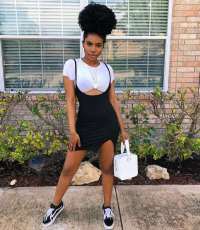 Sexy Crop Tops+Split Straps Mini Dress Two Piece Sets HM-6128