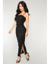 Black Spaghetti Strap Split Ruched Maxi Dress LS-0222