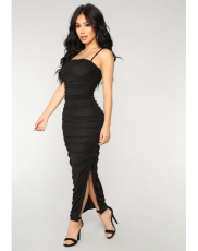 Black Spaghetti Strap Split Ruched Maxi Dress LS-0222