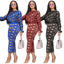 Plaid Print Blouse Top And Pants Two Piece Sets TK-6018