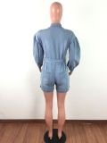 Plus Size Denim Long Sleeve Button Belted Jeans Playsuit LA-3122
