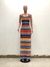 Colorful Striped Mesh High Split Beach Maxi Dress TR-943