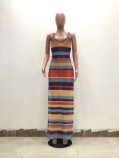 Colorful Striped Mesh High Split Beach Maxi Dress TR-943