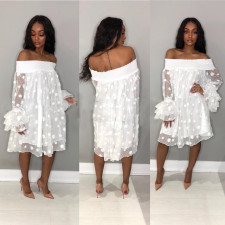 Plus Size Polka Print Slash Neck Petal Sleeve Loose Midi Dress TR-829
