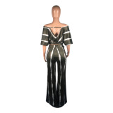 Sexy Striped V Neck Off Shoulder Wide Leg Pants Suit BS-1075
