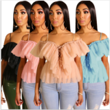 Sexy Mesh Ruffles Off Shoulder Crop Tops LS-0280