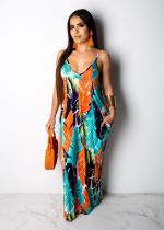 Printed Spaghetti Strap Loose Long Dresses TR-907