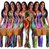 Sexy Printed Tie Up Crop Top Flares Pants 2 Piece Suits SMR-9299