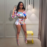 Floral Print Off Shoulder Crop Top Mini Skirt Suit NIK-016